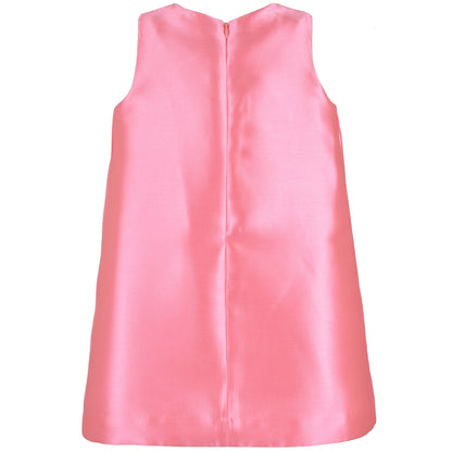 Pink satin shift dress, sleeveless with round neck and center back seam.