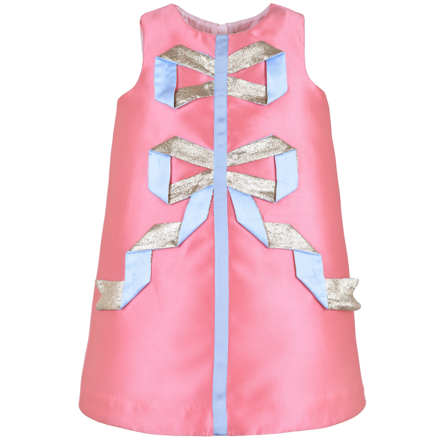 Pink satin shift dress with gold and light-blue origami ribbon bow appliques down front.