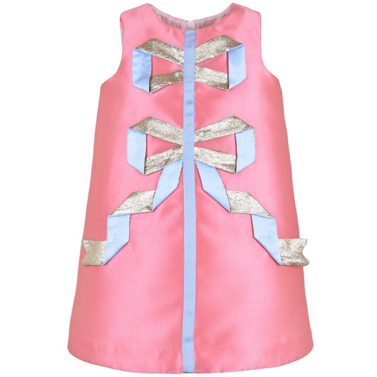 Pink satin shift dress with gold and light-blue origami ribbon bow appliques down front.