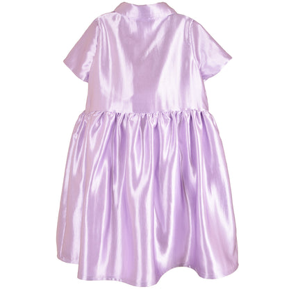 Lilac shirt dress with short sleeves and gathered waist