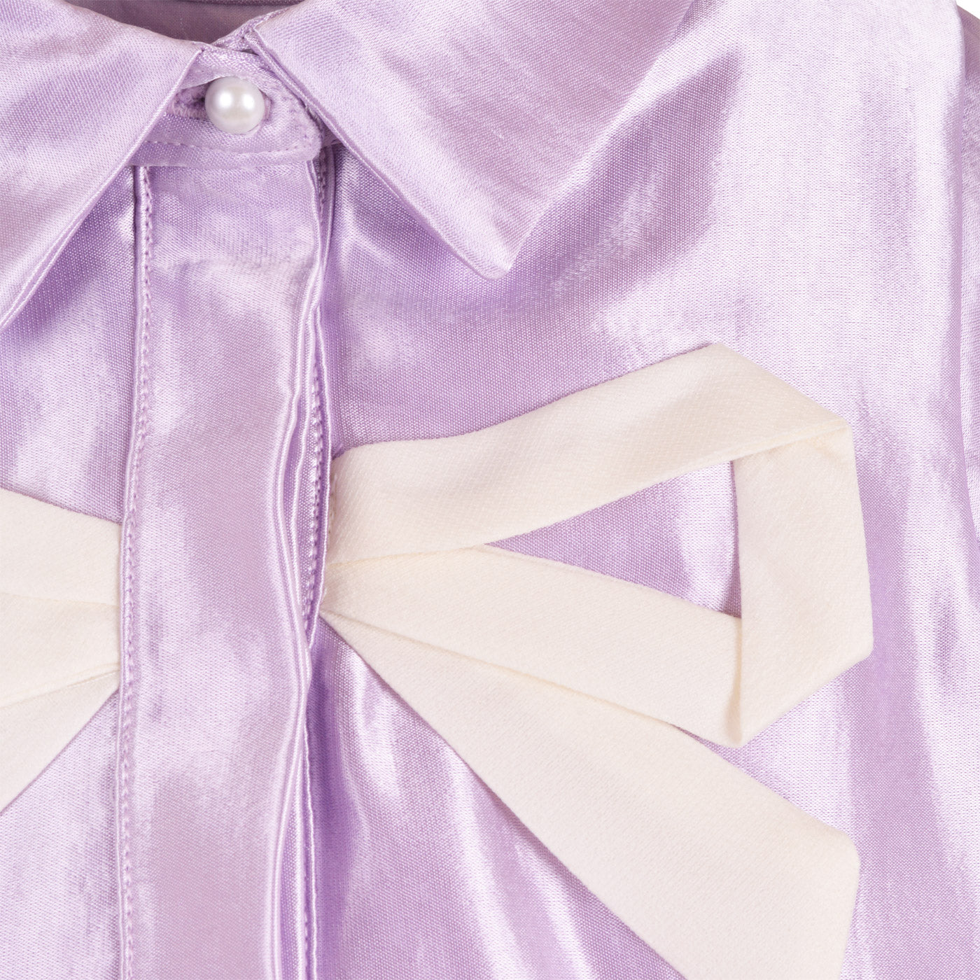 Lilac shirt dress close-up of button placket and faux pearl detail