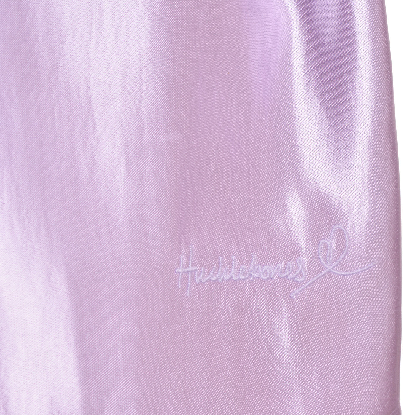 Lilac satin shirt dress with embroidered cursive logo near hem