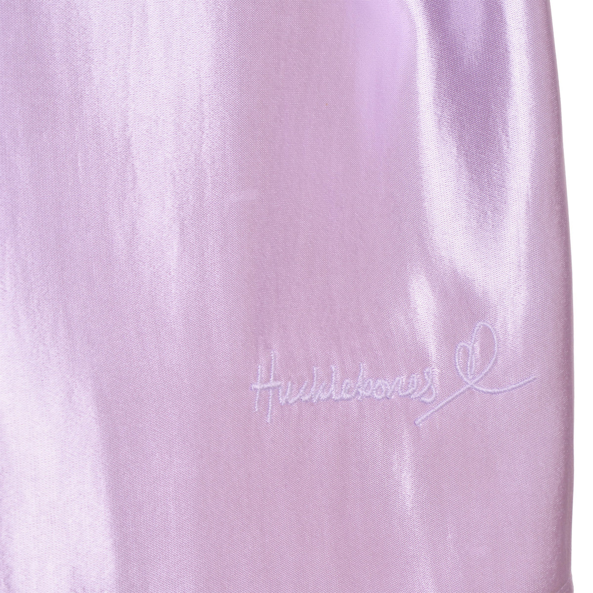 Lilac satin shirt dress with embroidered cursive logo near hem