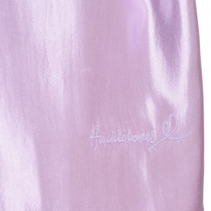 Lilac satin shirt dress with embroidered cursive logo near hem