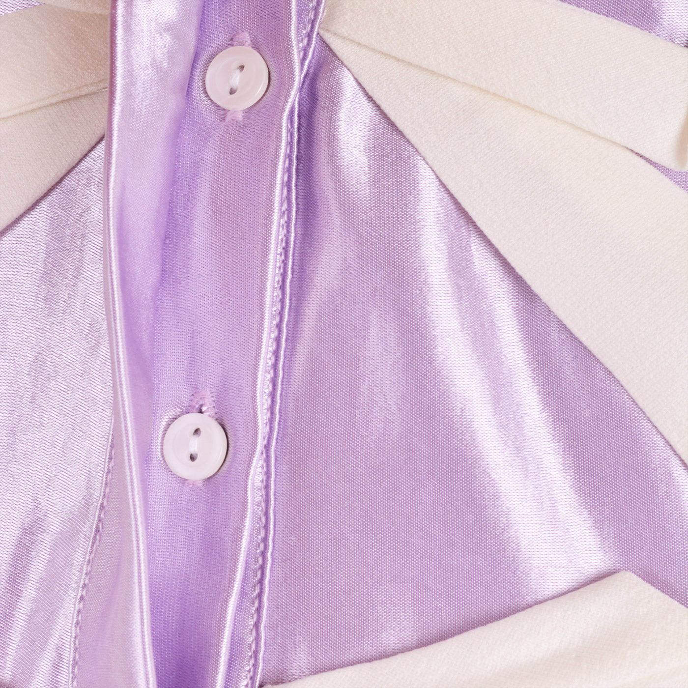 Lilac shirt dress close-up of button front and satin yoke