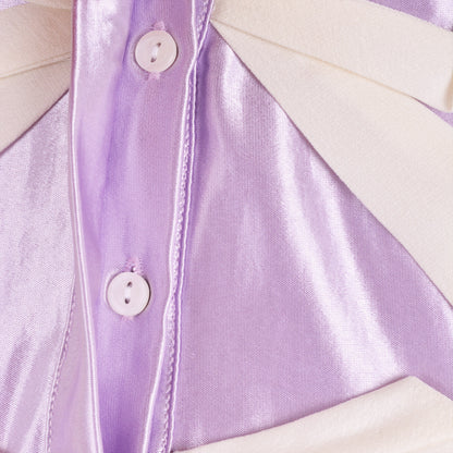 Lilac shirt dress close-up of button front and satin yoke