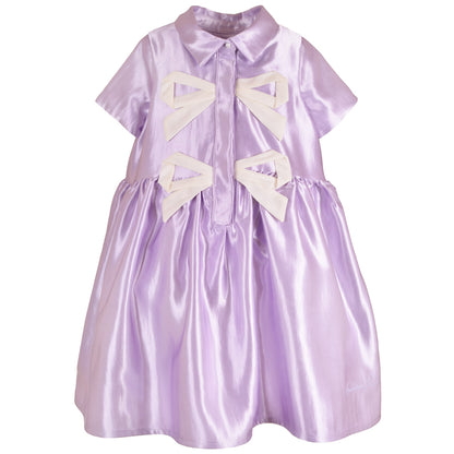 Lilac shirt dress with bow applique detail and gathered skirt