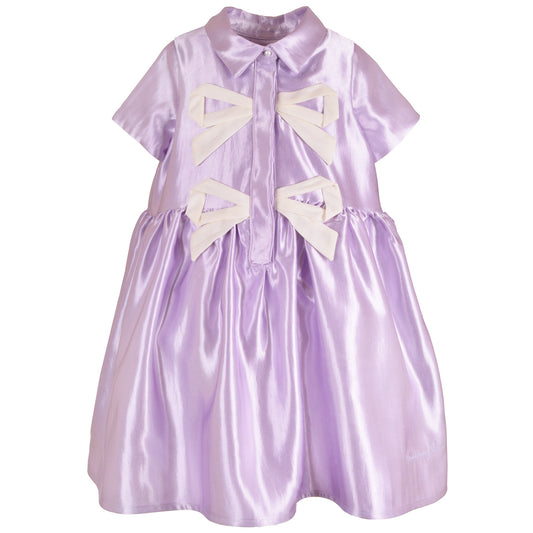 Lilac shirt dress with bow applique detail and gathered skirt