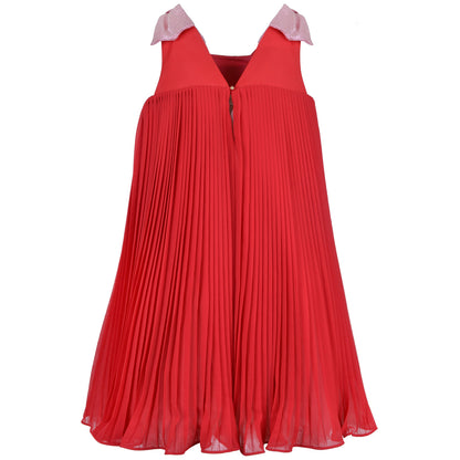 Red pleated trapeze dress with buttoned bodice and two pink glitter bows