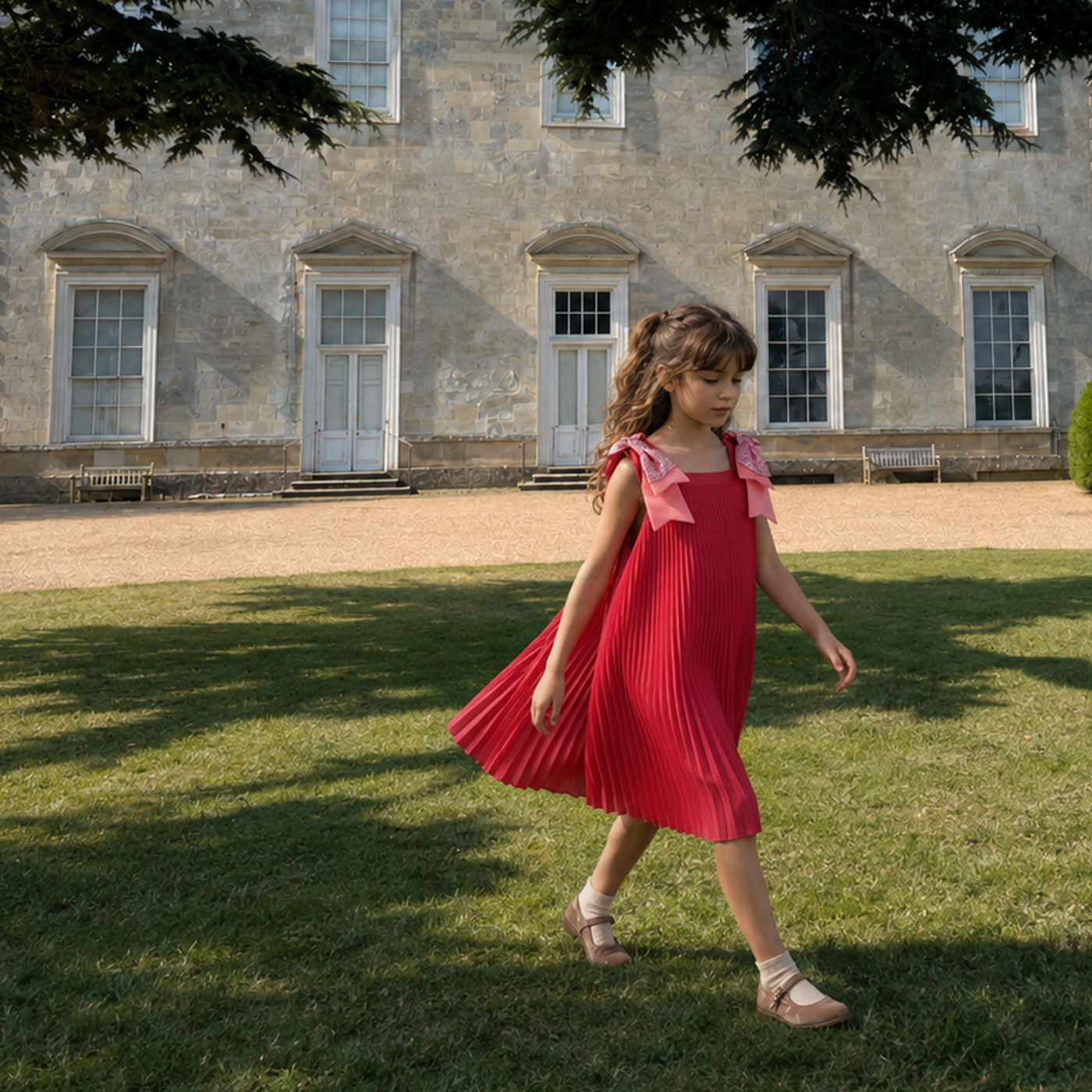 Red pleated trapeze dress with bow straps, sleeveless knee length