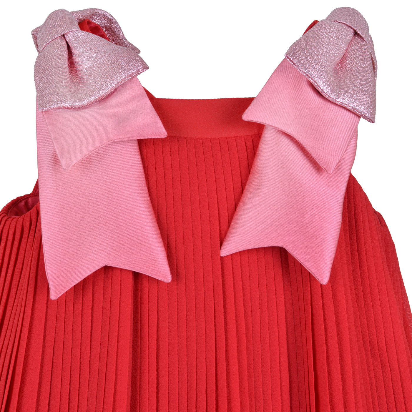 Red pleated dress with pink glitter off-shoulder bows and square neckline