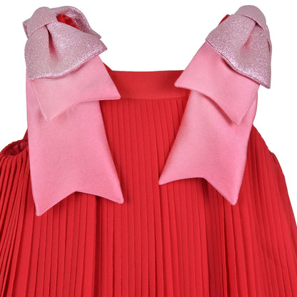 Red pleated dress with pink glitter off-shoulder bows and square neckline