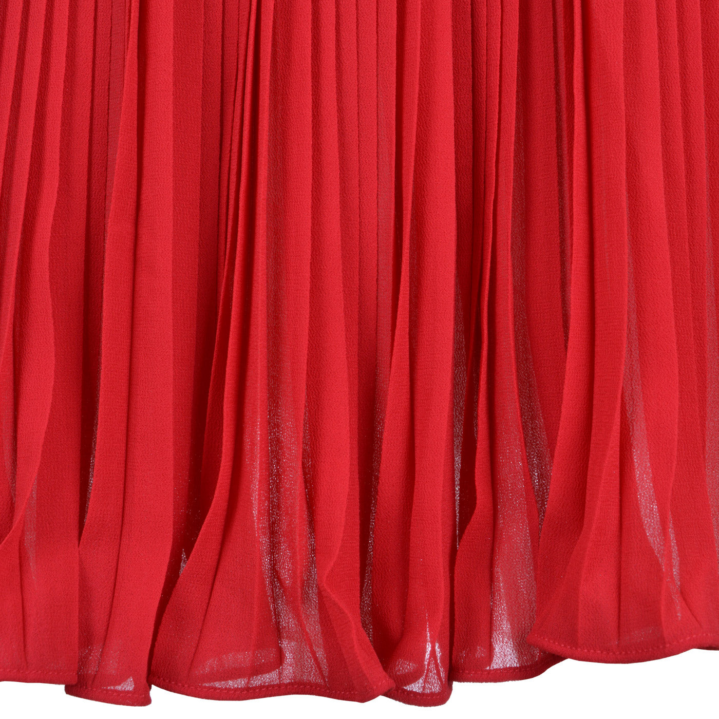 Red pleated chiffon skirt with layered hem and fine vertical pleats