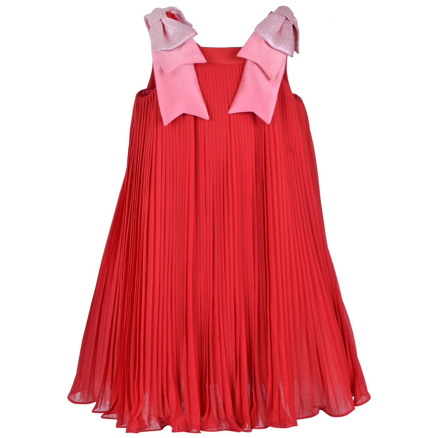 Red trapeze dress with full pleated skirt and pink glitter bow straps