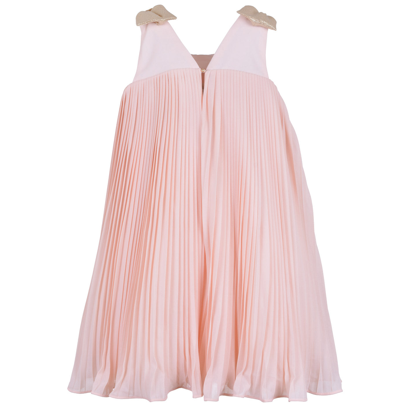 Blush pleated trapeze dress with open back, sleeveless straps, flowing skirt