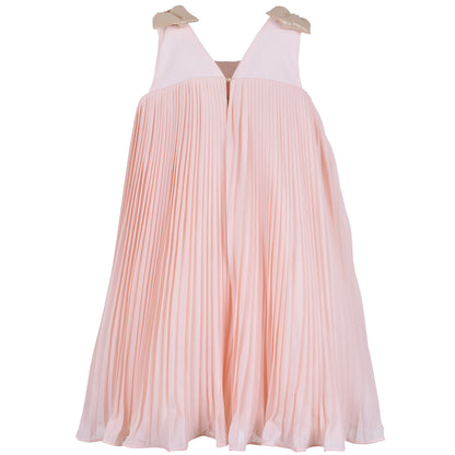 Blush pleated trapeze dress with open back, sleeveless straps, flowing skirt