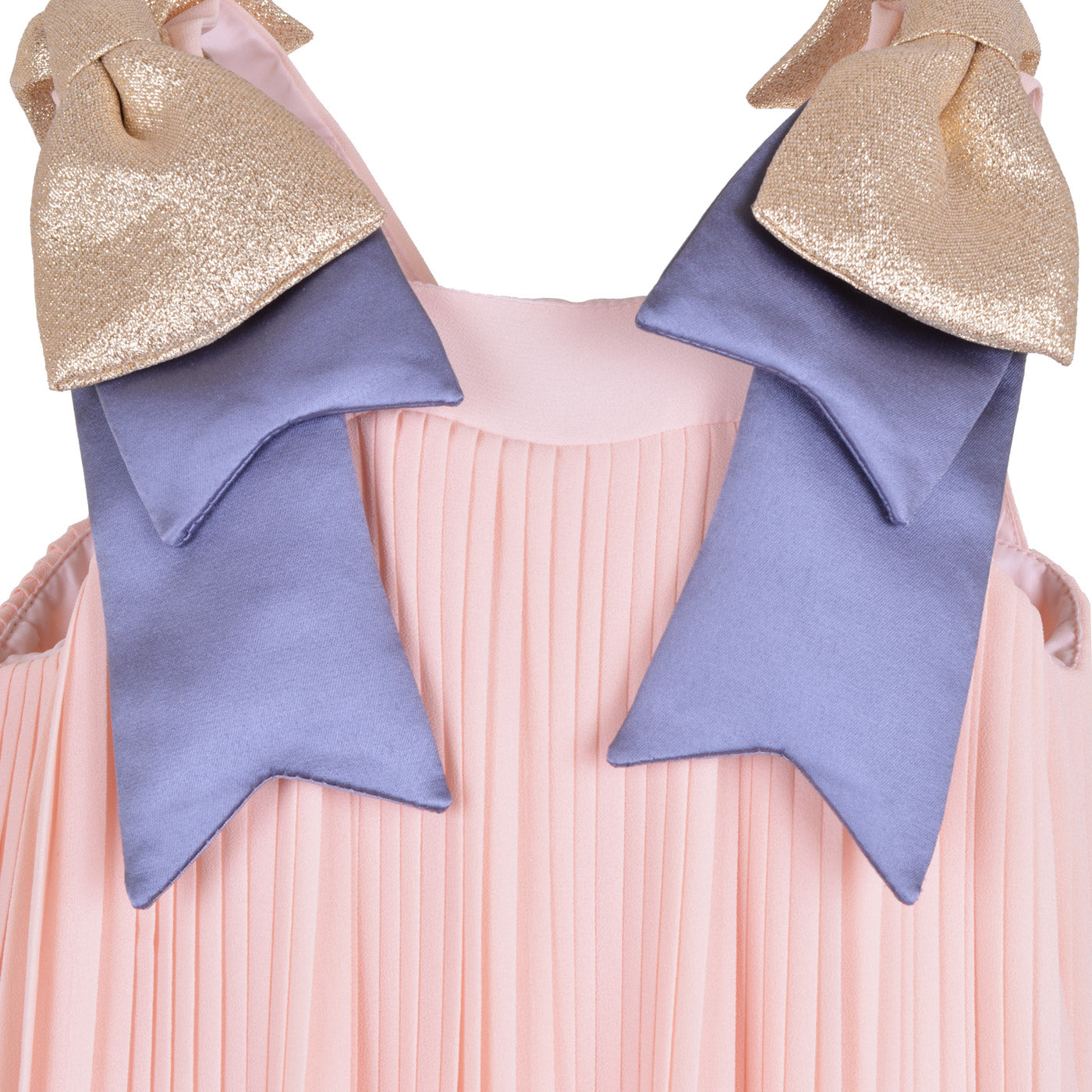 Sleeveless pleated dress with glitter bows and blue shoulder accents at neckline