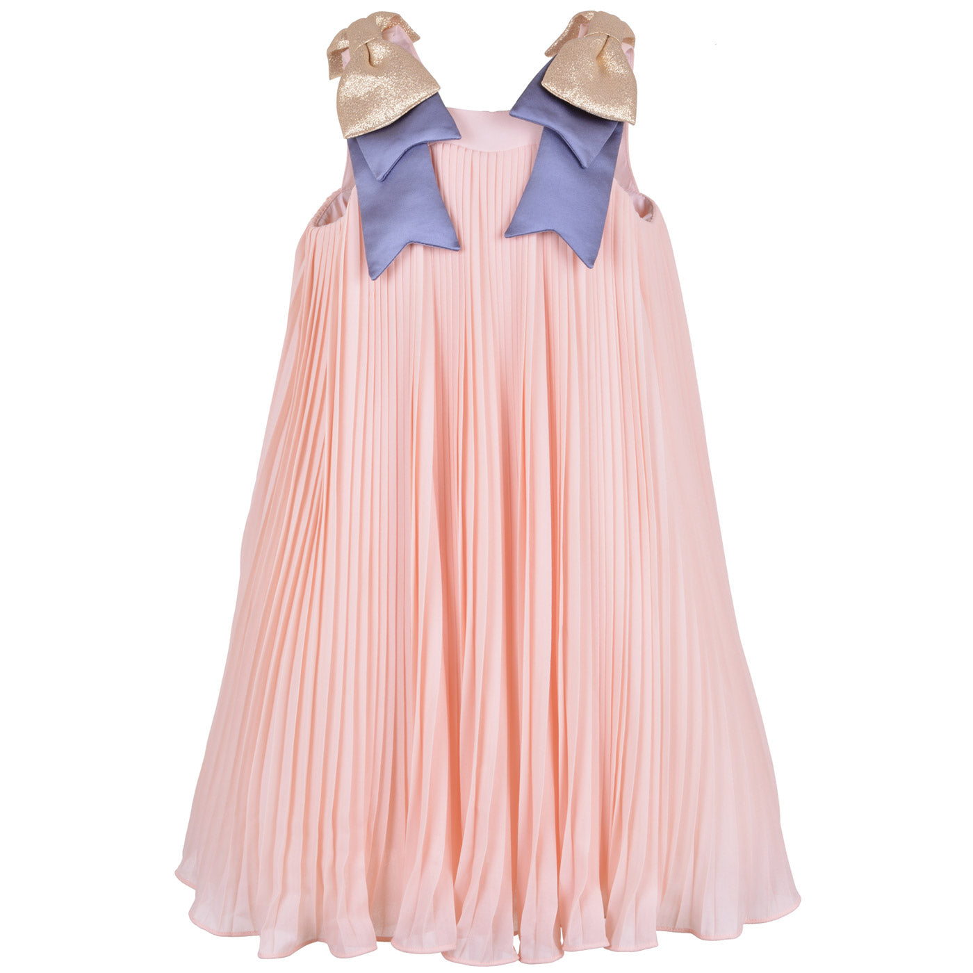 Peach pleated trapeze dress with sleeveless V-neck and glitter shoulder bows