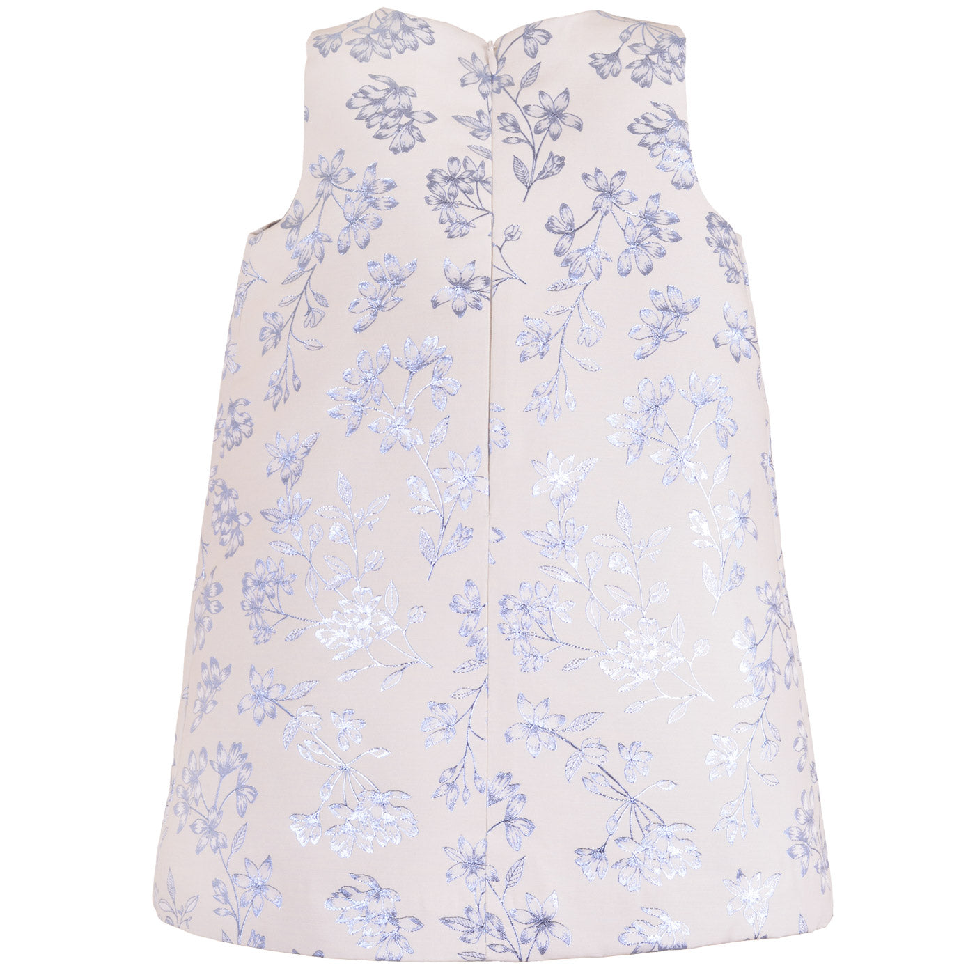Blue-and-white sleeveless shift dress with allover floral print and back seam detail.
