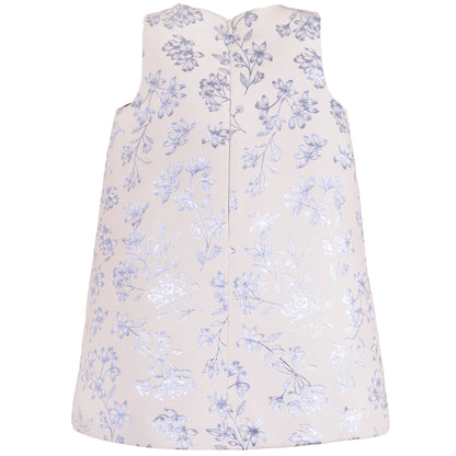 Blue-and-white sleeveless shift dress with allover floral print and back seam detail.