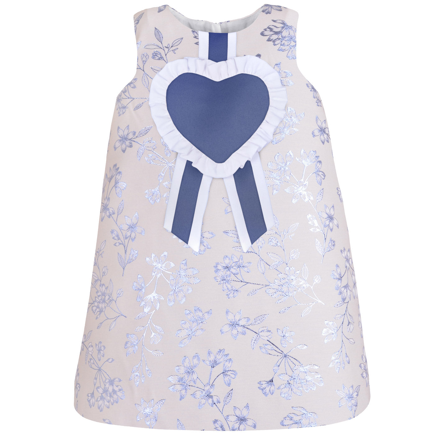 Sleeveless shift dress with blue floral print, ruffled neckline and navy heart