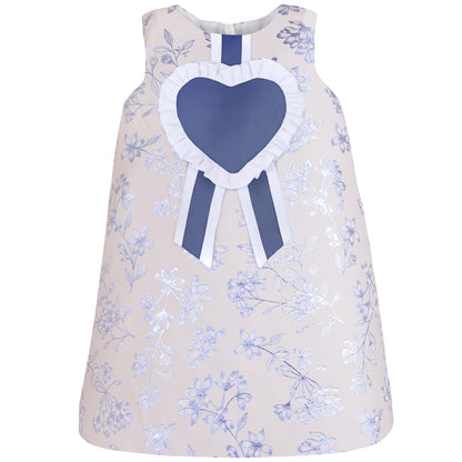 Sleeveless shift dress with blue floral print, ruffled neckline and navy heart