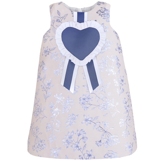 Sleeveless shift dress with blue floral print, ruffled neckline and navy heart