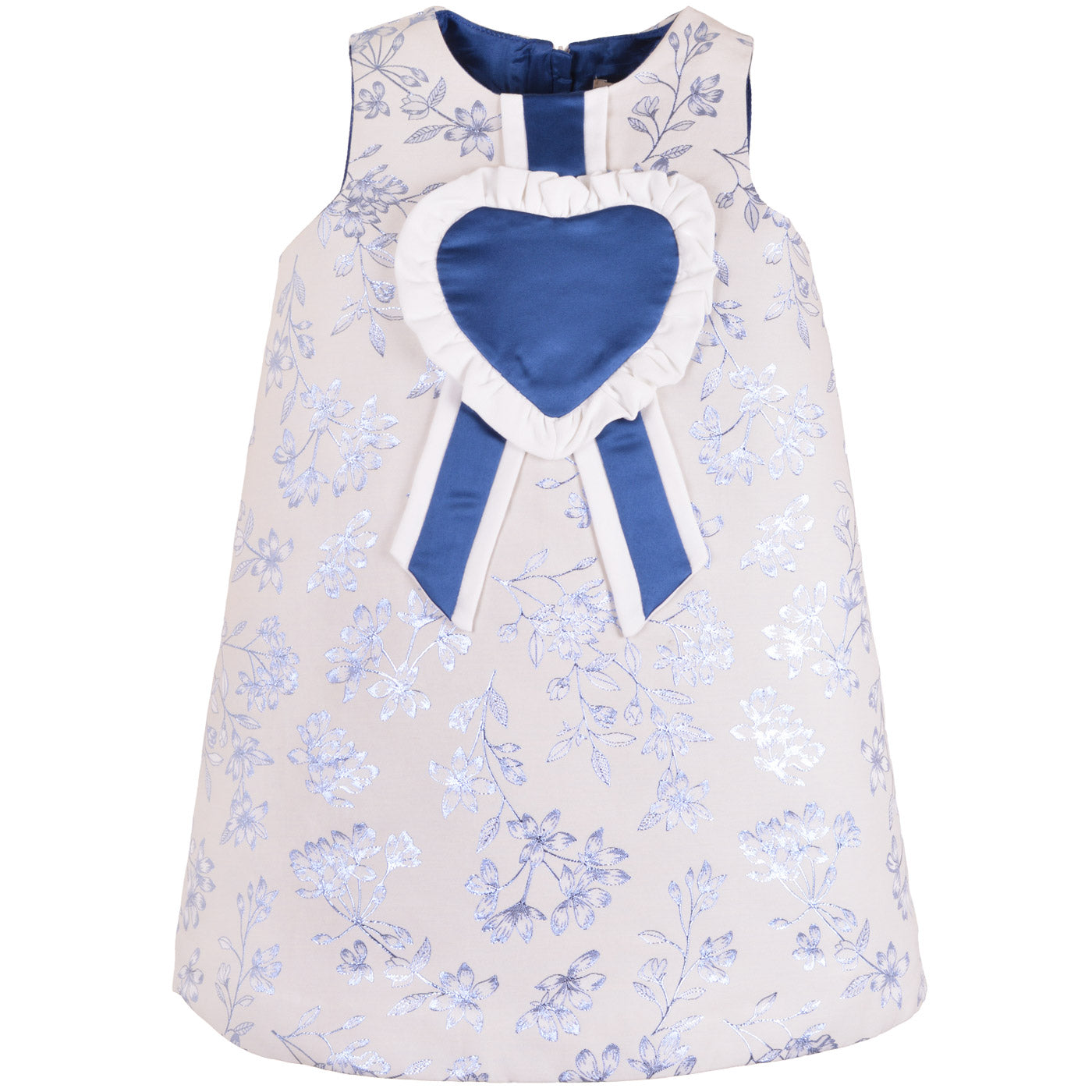 Floral shift dress with navy heart bib rosette and striped ribbon accents at neckline.