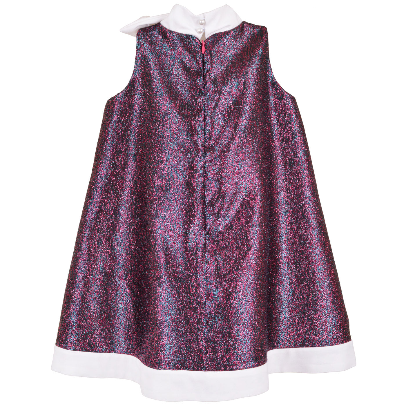 Back view trapeze dress in speckled glitter fabric, white hem trim, center-back buttons