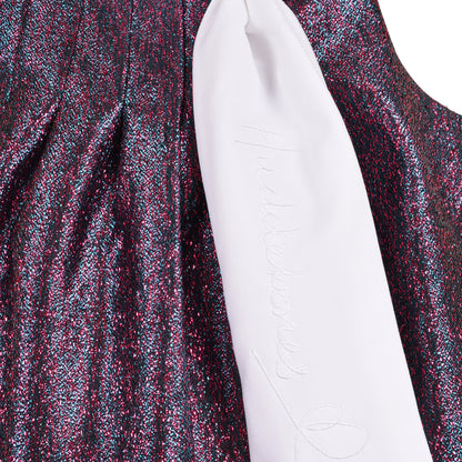 Speckled glitter dress with embroidered cursive on white neck tie, sleeveless