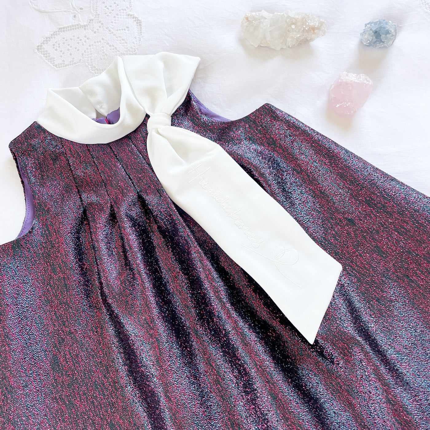 Sunburst trapeze dress with long sleeves, dark purple multicolor speckle, flared skirt