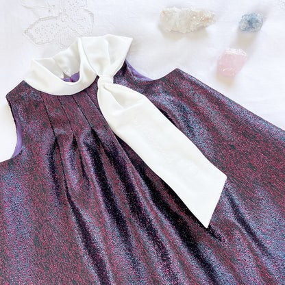 Sunburst trapeze dress with long sleeves, dark purple multicolor speckle, flared skirt