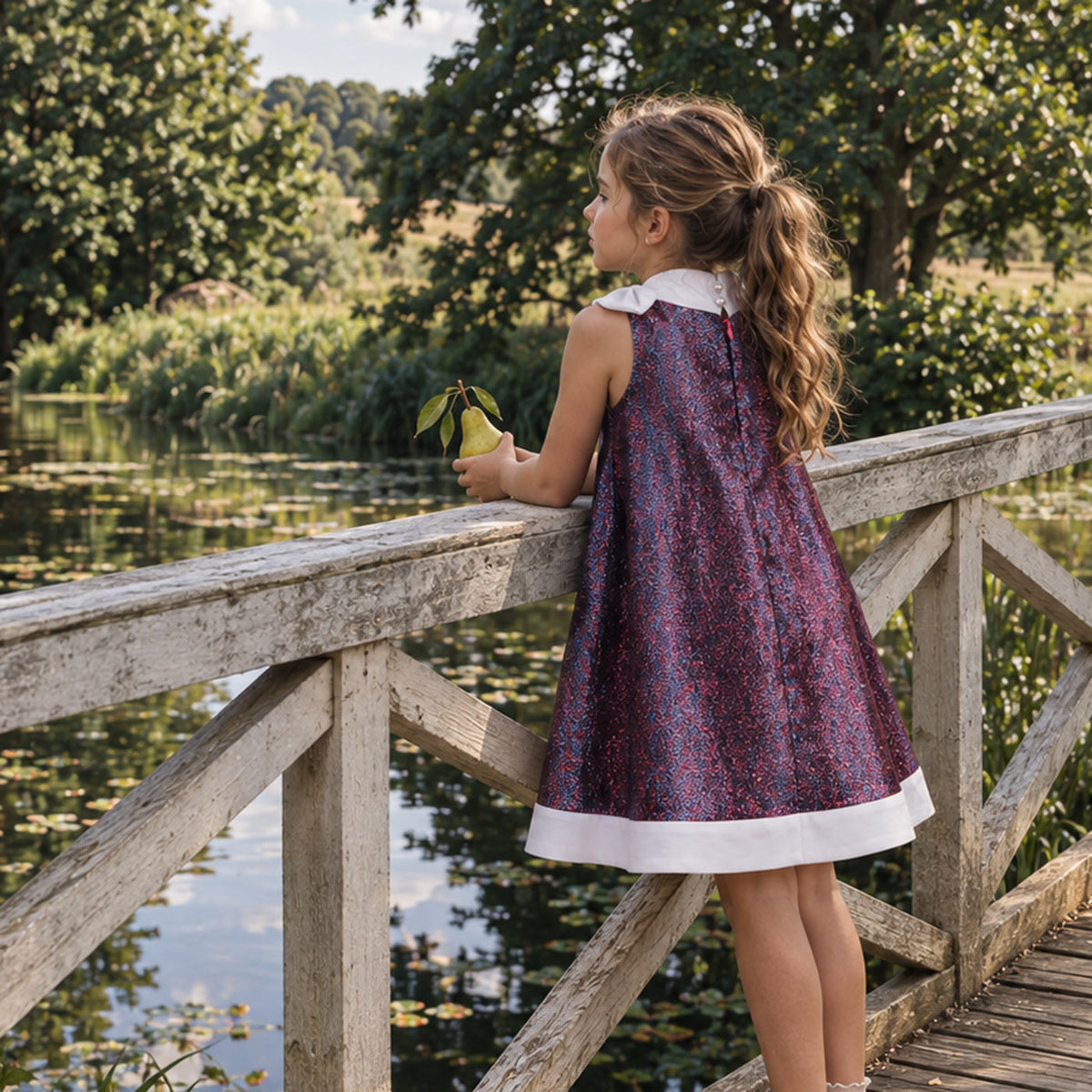 Girls' sleeveless trapeze dress with dark multicolor print and white hem trim, back view