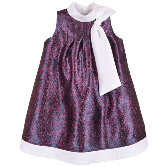 Sleeveless trapeze dress with speckled glitter print, white neck tie and trim
