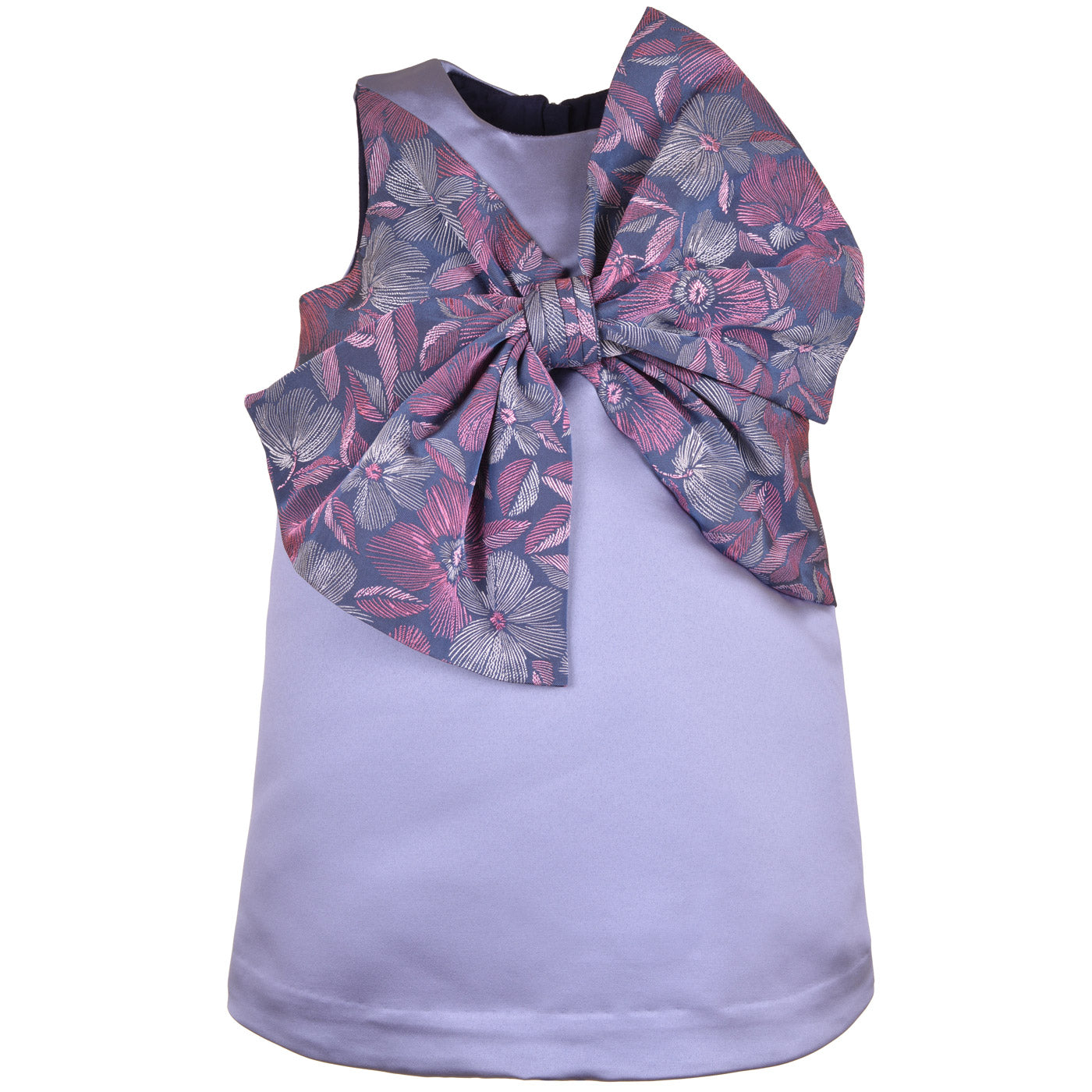Lavender shift dress with large floral bow at neckline
