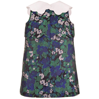 Floral sleeveless shift dress, scalloped white collar detail, blue-purple and green print