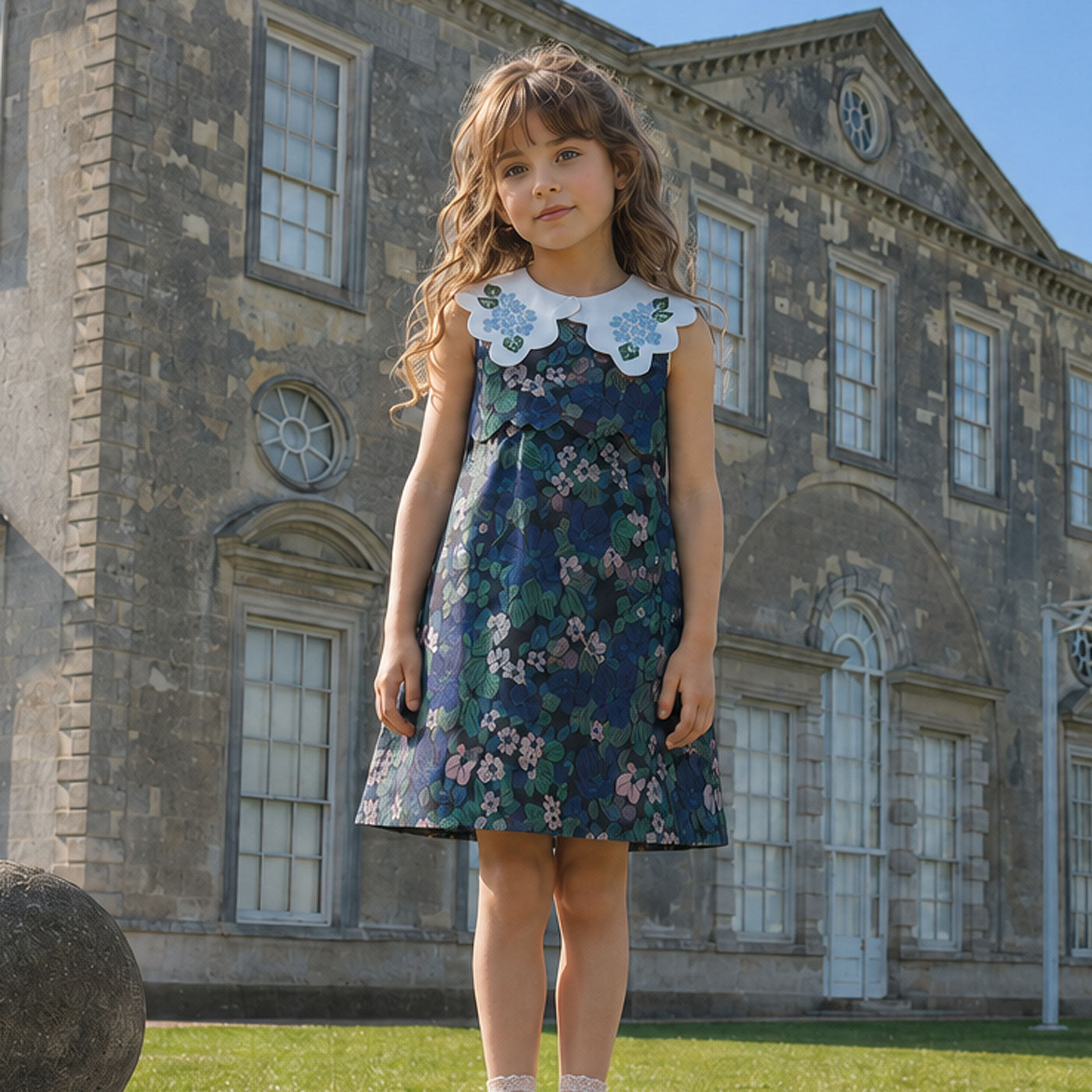Girls floral shift dress with scalloped white collar and sleeveless A-line fit