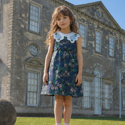 Girls floral shift dress with scalloped white collar and sleeveless A-line fit