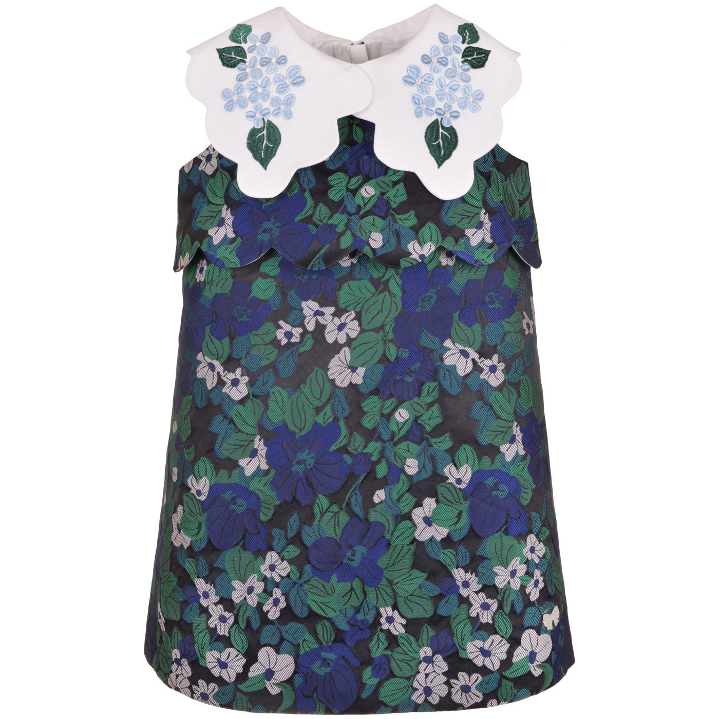 Floral scalloped shift dress with white peter-pan collar, purple and green leafy pattern