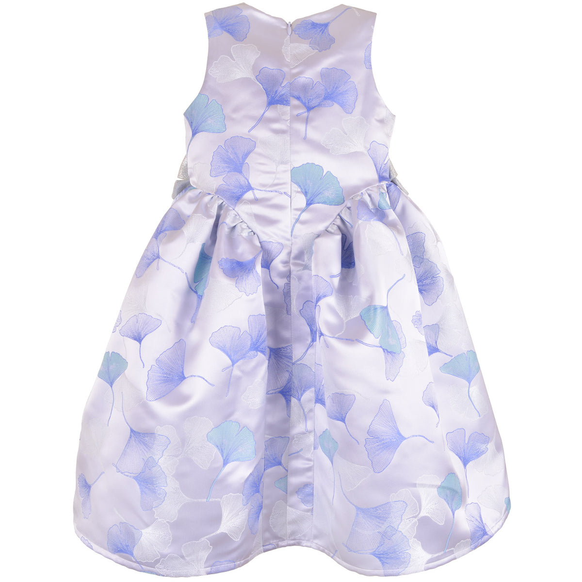 Sleeveless gathered-hip midi dress with full skirt, blue floral pattern, waist bow detail