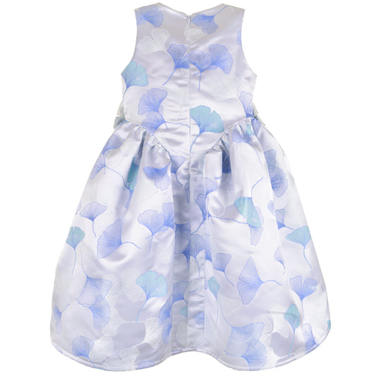 Sleeveless gathered-hip midi dress in white with blue floral pattern