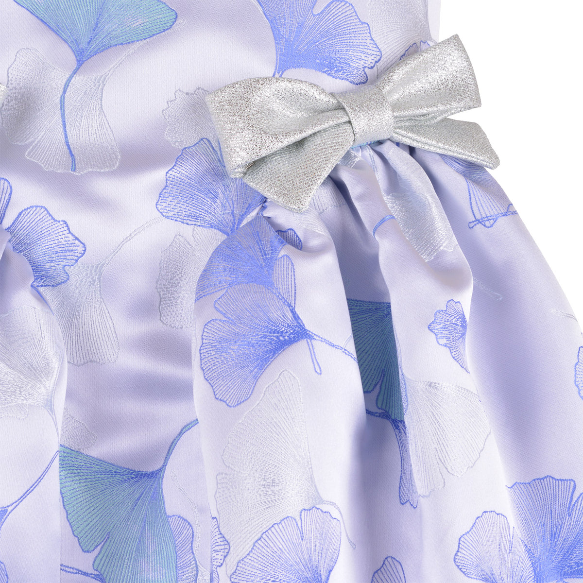 Blue floral sleeveless dress with silver satin bow and gathered waist skirt