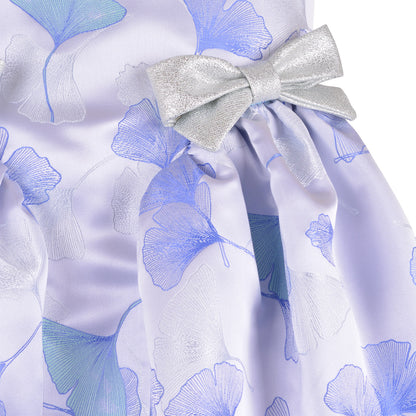 Blue floral sleeveless dress with silver satin bow and gathered waist skirt