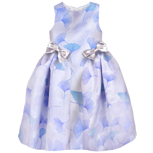 Blue and white floral midi dress with two front satin bow accents, gathered skirt
