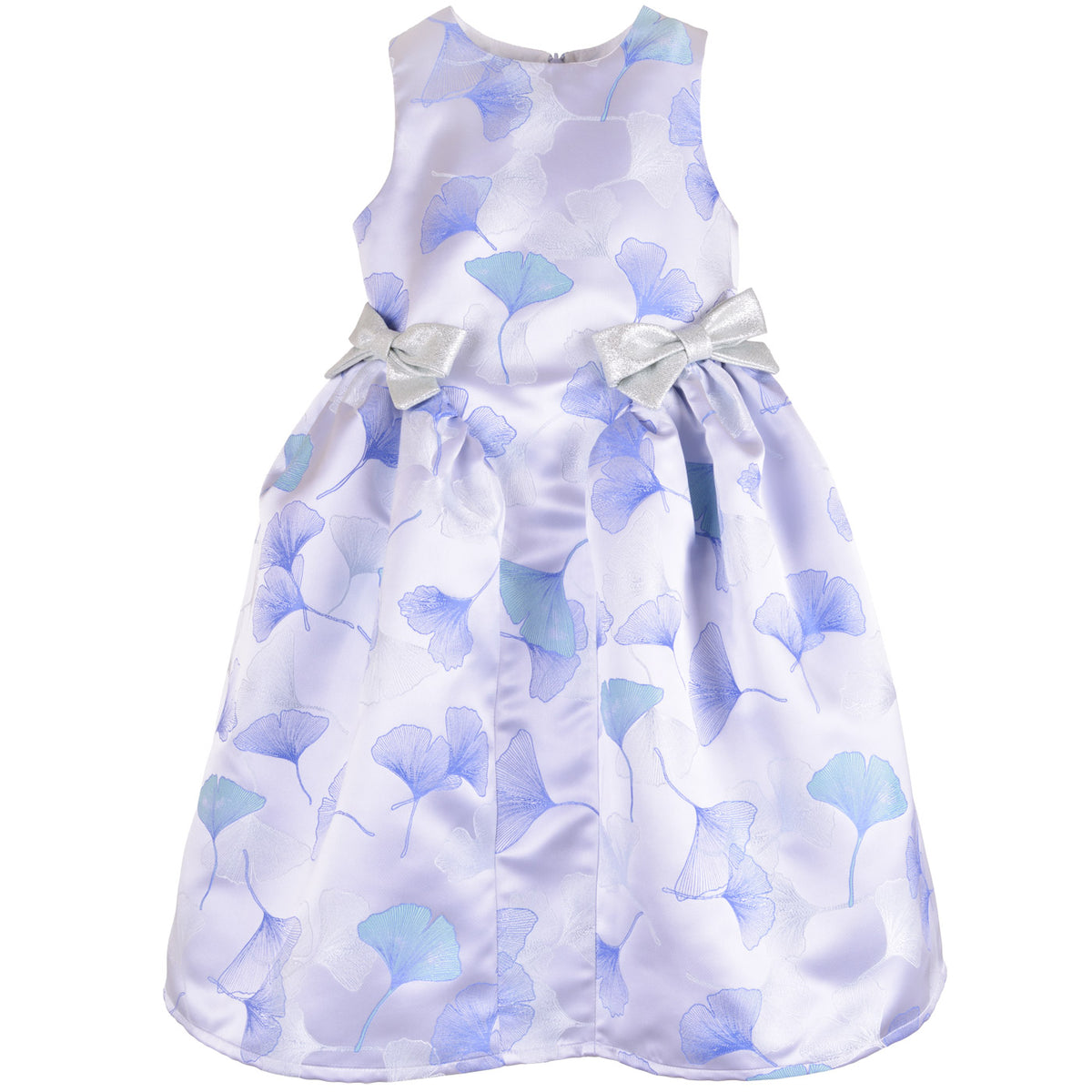 Sleeveless gathered-hip midi dress with light blue floral print and satin bow at waist