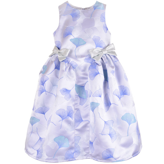 Sleeveless gathered-hip midi dress with light blue floral print and satin bow at waist