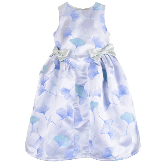 Sleeveless gathered-hip midi dress with blue floral print and satin bow at waist
