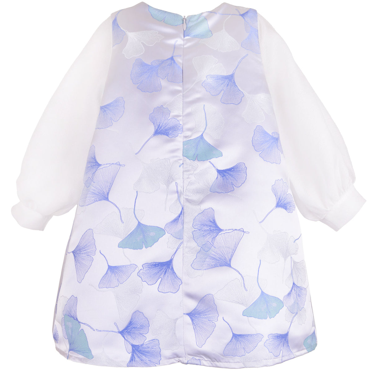 Long sleeve shift dress with blue floral print and metallic gold bow front