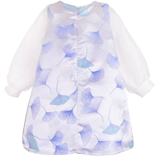 Long sleeve shift dress with blue floral print and metallic gold bow front