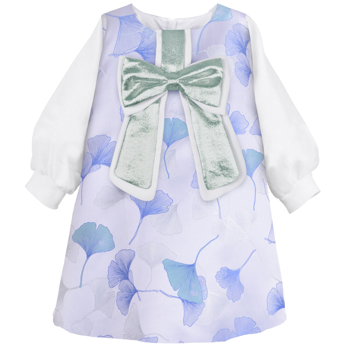 Long-sleeve shift dress with blue floral pattern and green satin bow at collar